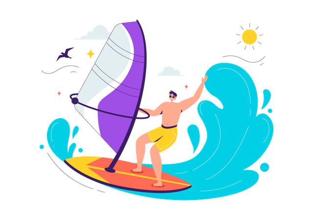 Mann genießt Surfen am Strand  Illustration