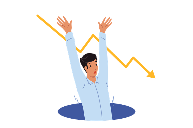Mann stürzt in Krisenfalle und hebt die Hände, ruft um Hilfe, um Bankrott zu vermeiden  Illustration