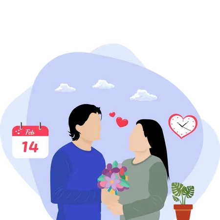 Mann gibt Blumenstrauß am Valentinstag  Illustration