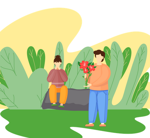 Mann gibt Frau Blumen  Illustration