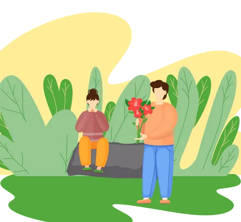 Mann gibt Frau Blumen  Illustration