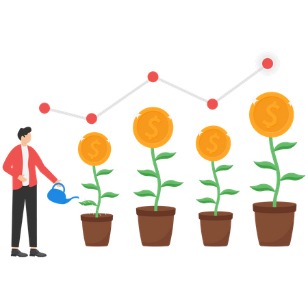 Mann gießt Dollarpflanze  Illustration