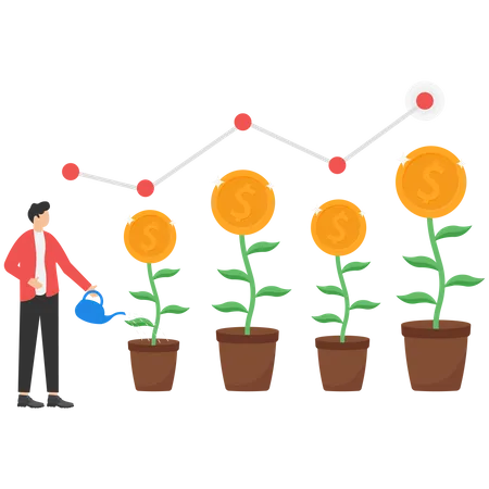 Mann gießt Dollarpflanze  Illustration