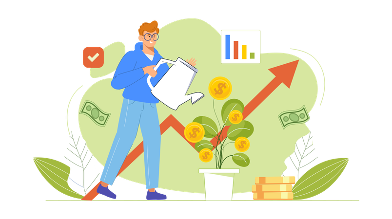 Mann gießt Dollarpflanze und erhält dabei finanzielles Wachstum  Illustration