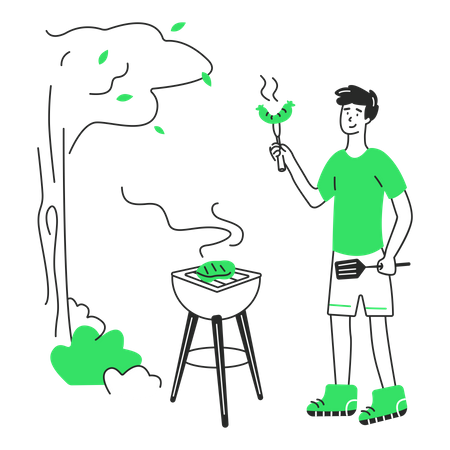 Mann grillt Würstchen und Barbecues  Illustration