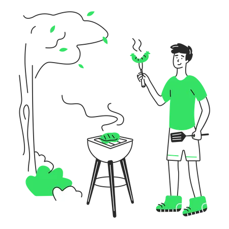 Mann grillt Würstchen und Barbecues  Illustration