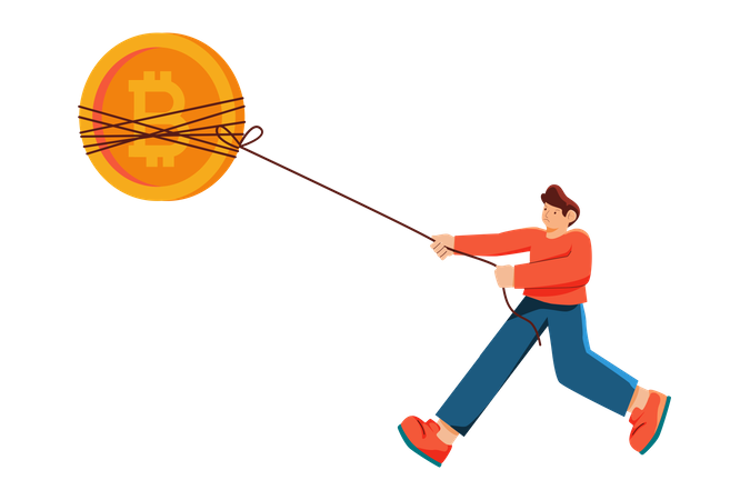 Mann hält Bitcoin zum Mond  Illustration