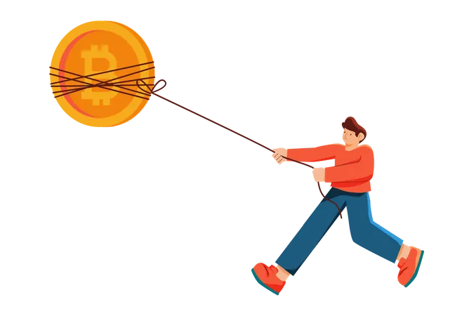 Mann hält Bitcoin zum Mond  Illustration