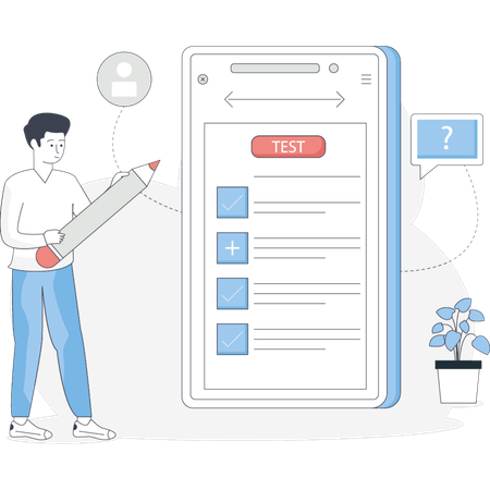 Mann mit Bleistift und Telefon geht eine Checkliste für einen Test durch  Illustration