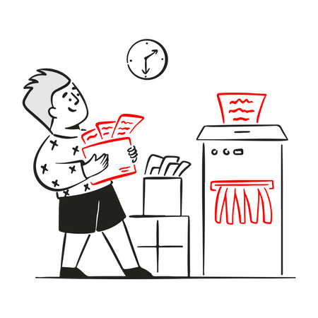 Mann hält Dokumentenbox und vernichtet unnötige Daten  Illustration