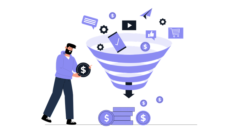 Mann hält Dollar in der Hand, während er Geschäftsmarketing betreibt  Illustration