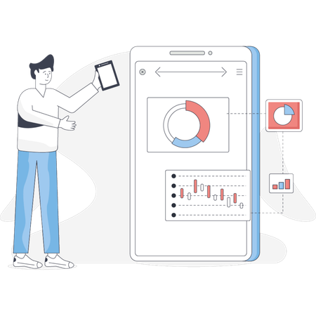 Mann hält ein Smartphone, auf dem ein Diagramm mit Datentrends oder Statistiken angezeigt wird  Illustration