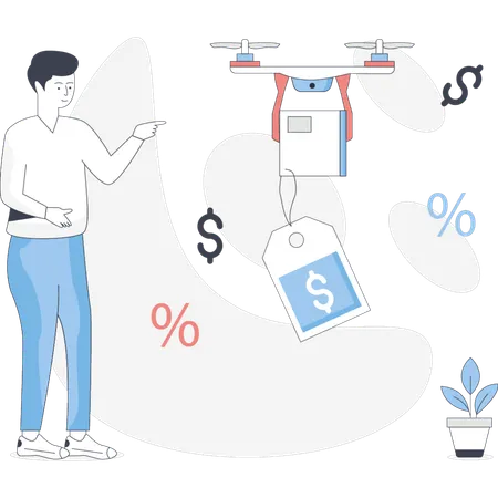 Mann hält eine Drohne mit einem sichtbaren Preisschild, die das Produkt für potenzielle Käufer präsentiert  Illustration