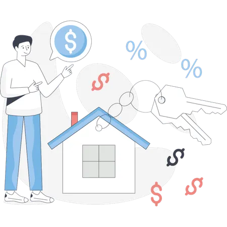 Mann hält einen Hausschlüssel mit einem Dollarzeichen, das Wohneigentum und finanzielle Investitionen symbolisiert  Illustration