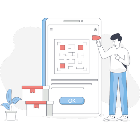 Mann hält einen Pinsel und zeigt auf eine auf seinem Telefon angezeigte Karte, die einen Standort oder ein Projekt anzeigt  Illustration