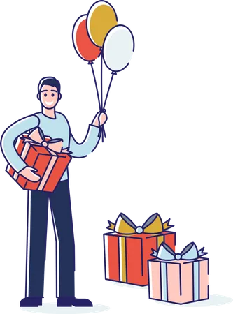 Mann hält Geschenkkartons auf Geburtstagsparty  Illustration