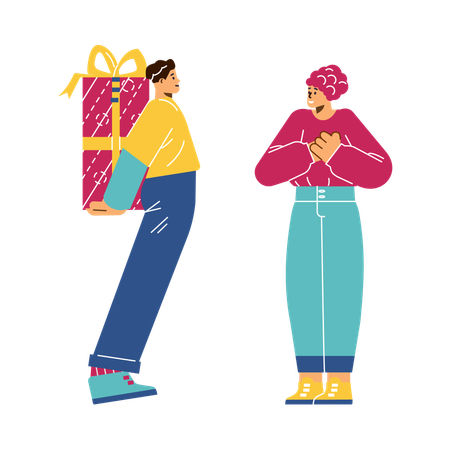 Mann hält große Geschenkbox hinter seinem Rücken wird Frau geben  Illustration