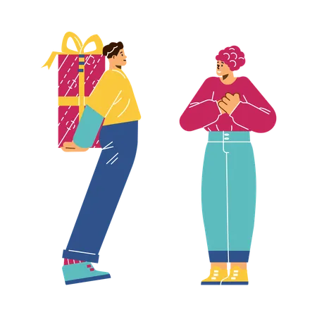 Mann hält große Geschenkbox hinter seinem Rücken wird Frau geben  Illustration