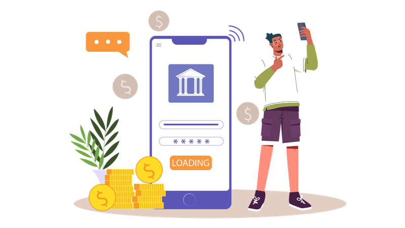 Mann hält Handy in der Hand, während er auf Mobile-Banking-Konto wartet  Illustration