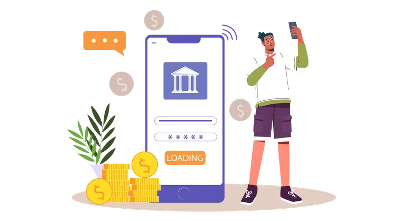 Mann hält Handy in der Hand, während er auf Mobile-Banking-Konto wartet  Illustration