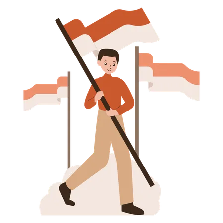 Mann mit indonesischer Unabhängigkeitsflagge  Illustration