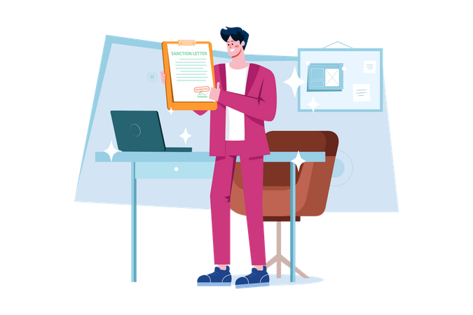 Mann hält Kreditgenehmigungsbescheid in Händen  Illustration