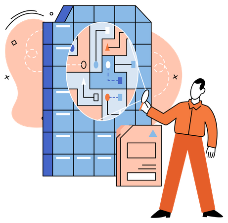 Mann hält Lupe und analysiert Daten  Illustration