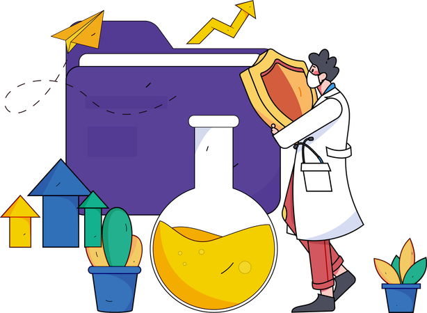 Mann mit medizinischem Schutzschild und medizinischer Forschung  Illustration