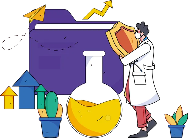 Mann mit medizinischem Schutzschild und medizinischer Forschung  Illustration