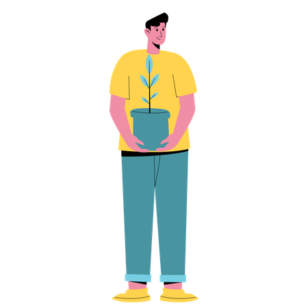 Mann hält Pflanze zum Einpflanzen  Illustration