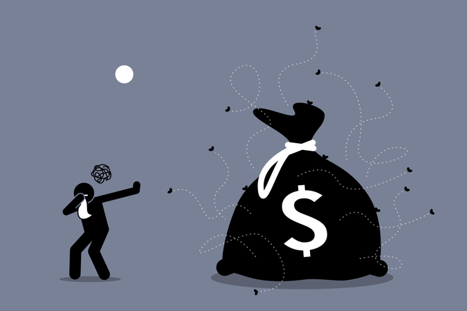 Mann hält seine Nase zu und lehnt schmutziges und stinkendes Geld ab, das von Fliegen umgeben ist  Illustration