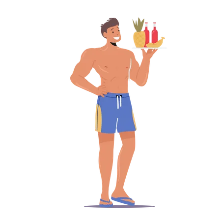 Mann hält Tablett mit Essen und Cocktail  Illustration