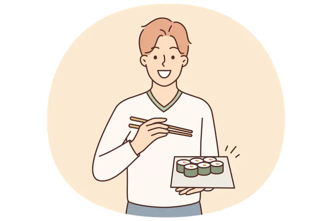 Mann hält Teller mit Maki-Rollen lädt zum Essen in ein japanisches Restaurant mit leckerem, gesundem Essen ein  Illustration