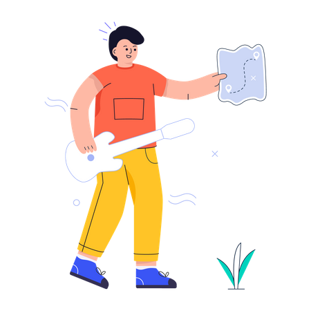 Mann hält Tourkarte und Gitarre  Illustration