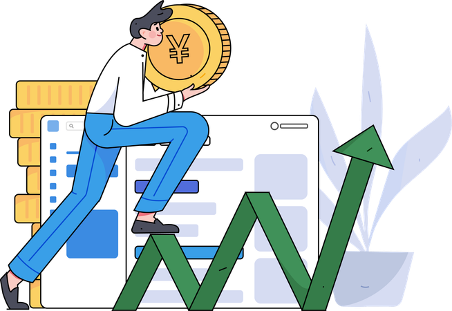 Mann hält Yen-Münze und macht Gewinn  Illustration