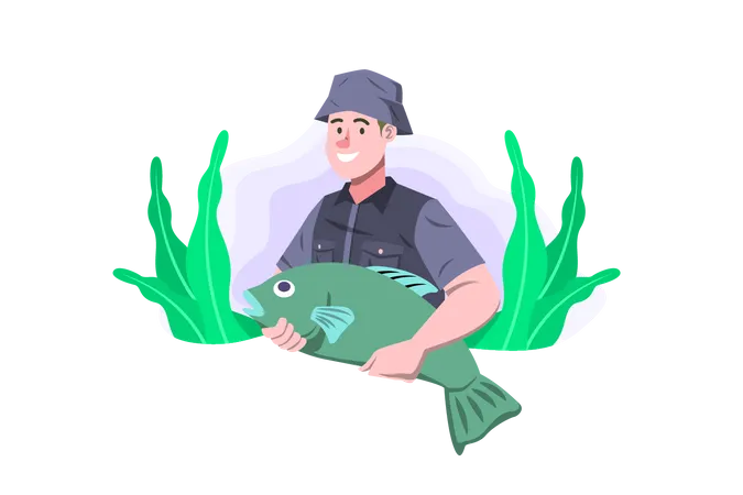 Mann hat großen Fisch gefangen  Illustration