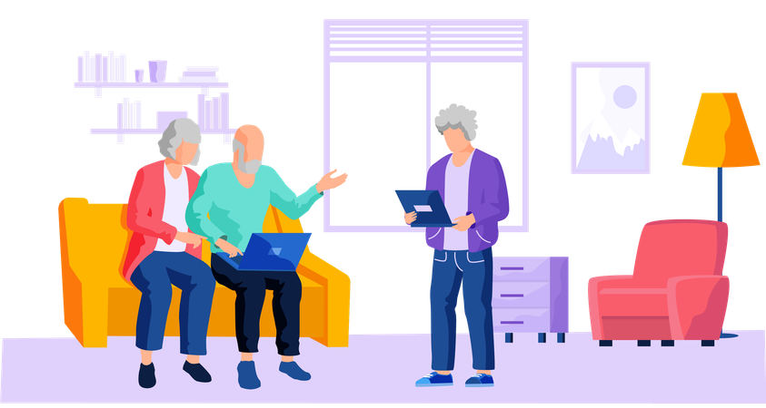 Mann hilft alten Menschen beim Benutzen des Computers  Illustration