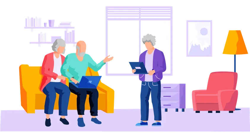 Mann hilft alten Menschen beim Benutzen des Computers  Illustration