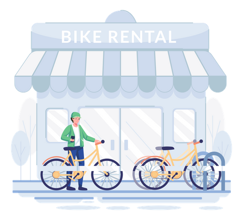 Mann holt Leihfahrrad von Abholstation ab  Illustration