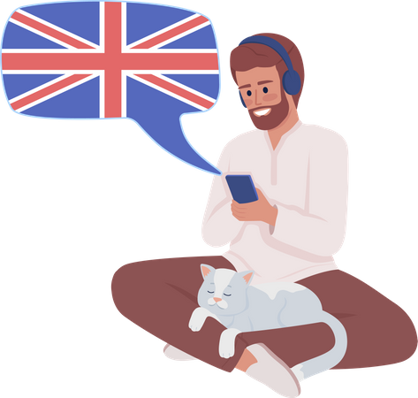 Mann hört Audio eines britischen Englischkurses  Illustration