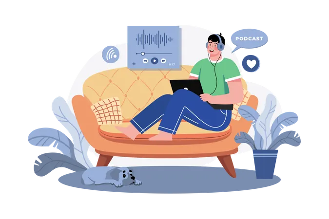 Mann hört Podcast, während er auf der Couch sitzt  Illustration