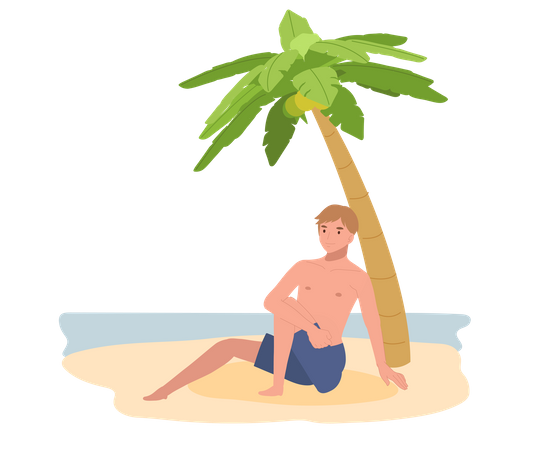 Mann im Badeanzug sitzt am Strand  Illustration