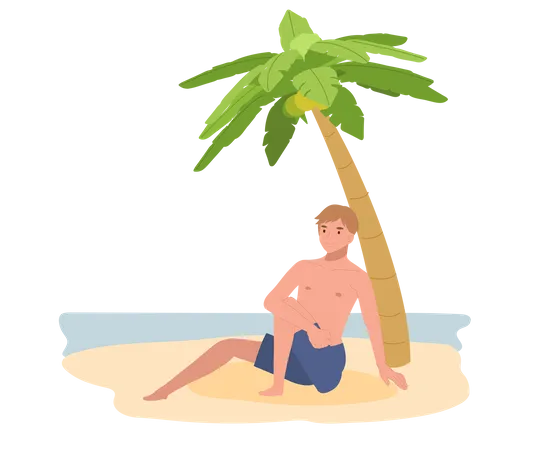 Mann im Badeanzug sitzt am Strand  Illustration