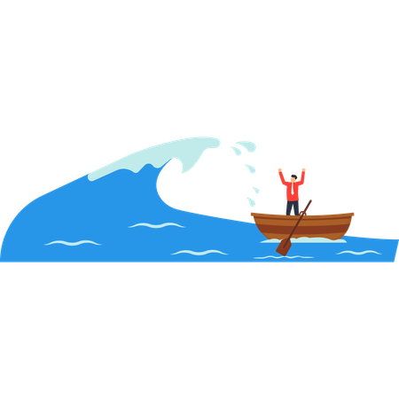 Mann im Boot vor riesiger Welle Illustration
