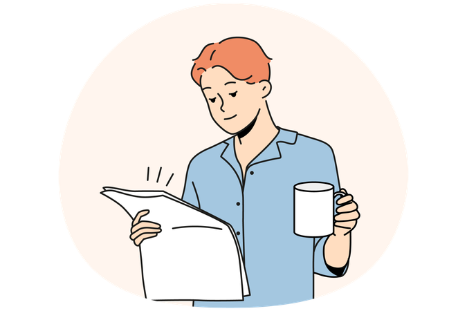 Mann im Pyjama trinkt Kaffee und liest Zeitung  Illustration