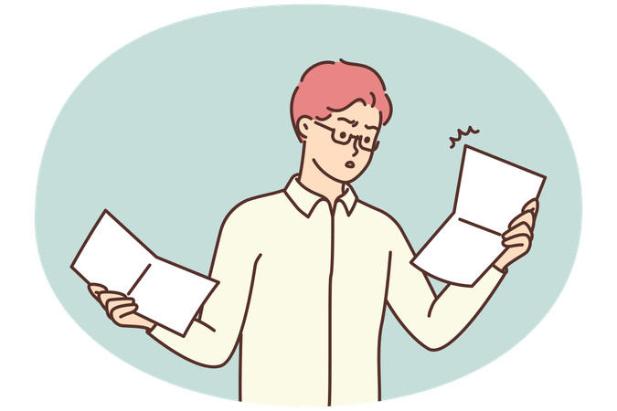 Mann in Businesskleidung ist schockiert, als er einen Brief mit negativen Informationen oder schlechten Nachrichten liest  Illustration