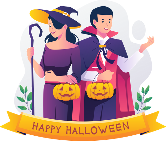 Mann in Dracula-Kleidung und Frau im Hexenkleid tragen Kürbisse, um die Halloween-Nacht zu feiern  Illustration
