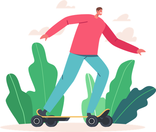 Mann in Freizeitkleidung fährt elektrisches Skateboard  Illustration