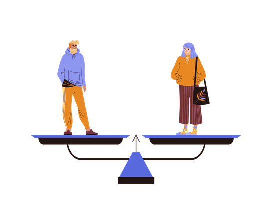 Mann in Freizeitkleidung und Frau mit Kapuzenpullover stehen auf der Waage und zeigen gleiches Gewicht an  Illustration