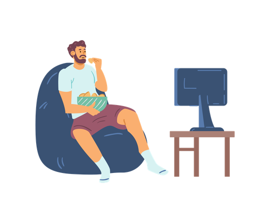 Mann in Homewear sieht fern und nascht zu Hause  Illustration